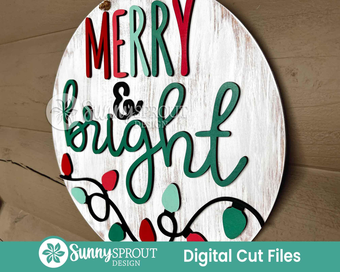 Merry & Bright String Light Sign, Digital Download, SVG Laser Cut File, Cricut, Round Door Hanger Design, Christmas Decor