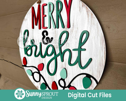 Merry & Bright String Light Sign, Digital Download, SVG Laser Cut File, Cricut, Round Door Hanger Design, Christmas Decor