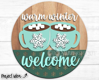 Warm Winter Welcome Hot Cocoa, Round door hanger svg, Glowforge laser cut file, Cricut, Silhouette, Christmas welcome svg