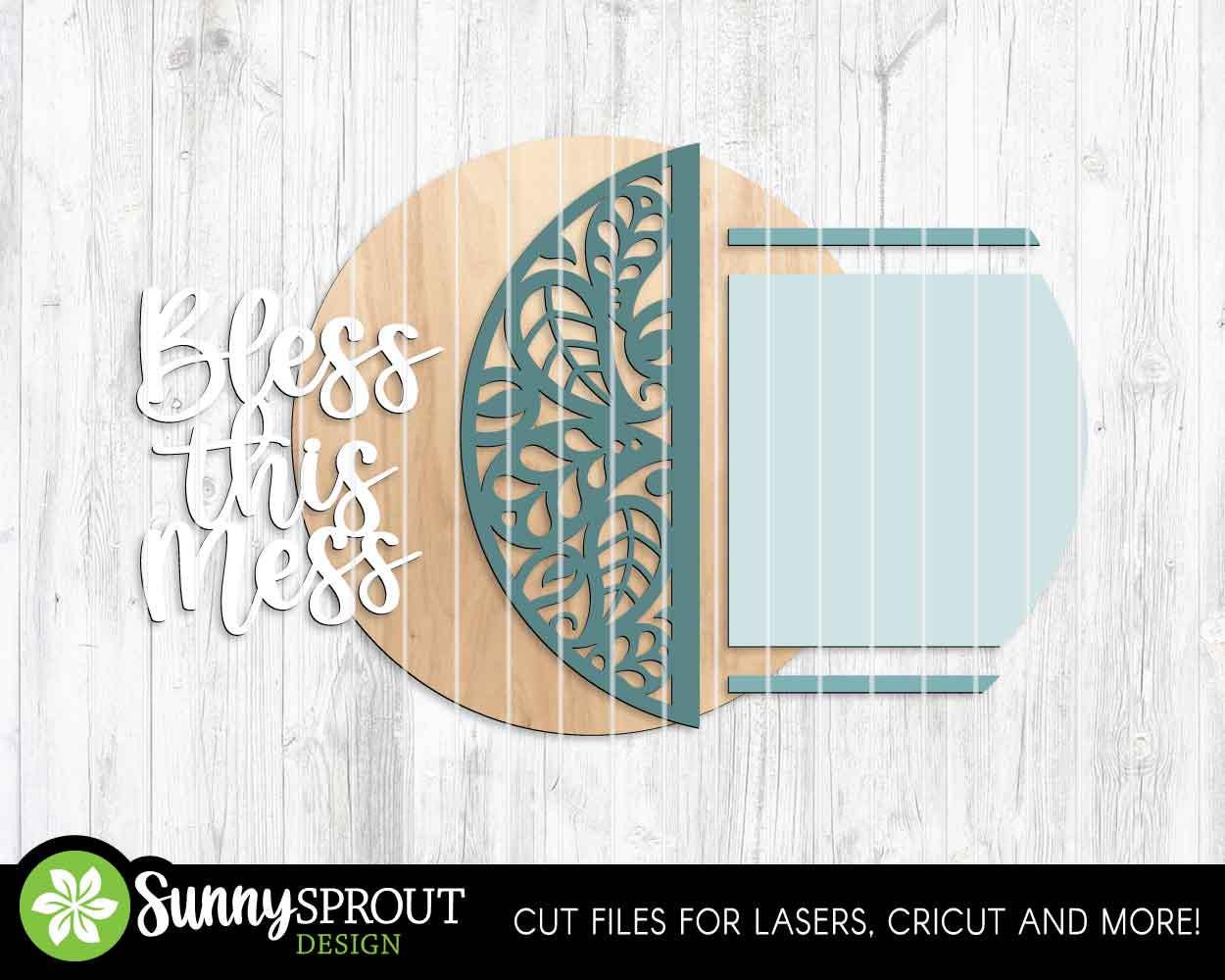 Bless This Mess Paisley Pattern Sign, Digital Download, SVG Laser Cut File, Cricut, Funny Sarcastic Round Door Hanger Design