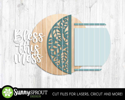 Bless This Mess Paisley Pattern Sign, Digital Download, SVG Laser Cut File, Cricut, Funny Sarcastic Round Door Hanger Design