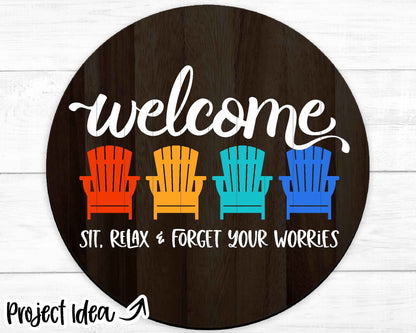 Welcome Adirondack Chair Sign, Digital Download, Cricut SVG Cut File, Summer Beach Patio Round Door Hanger Design