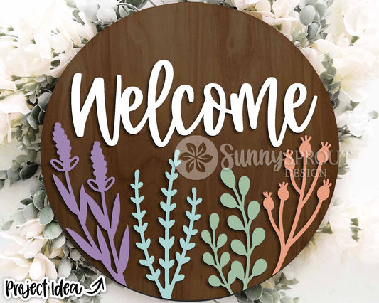 Welcome Wildflower Sign, Digital Download, SVG Laser Cut File, Cricut, Spring Summer Floral Round Door Hanger Design