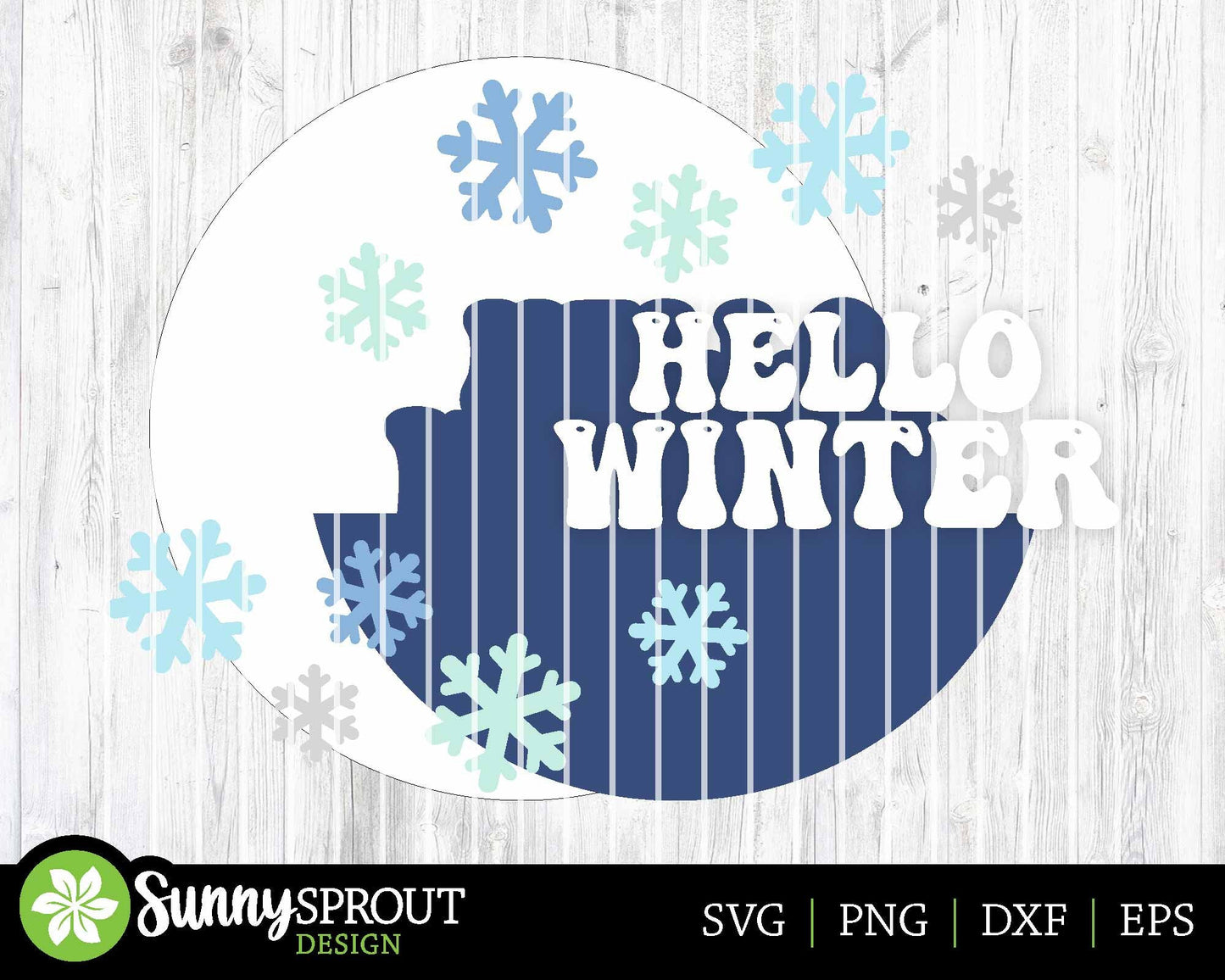 Hello Winter Retro Snowflakes Sign, Round door hanger svg, Glowforge laser file, Cricut cut file, Winter welcome sign svg