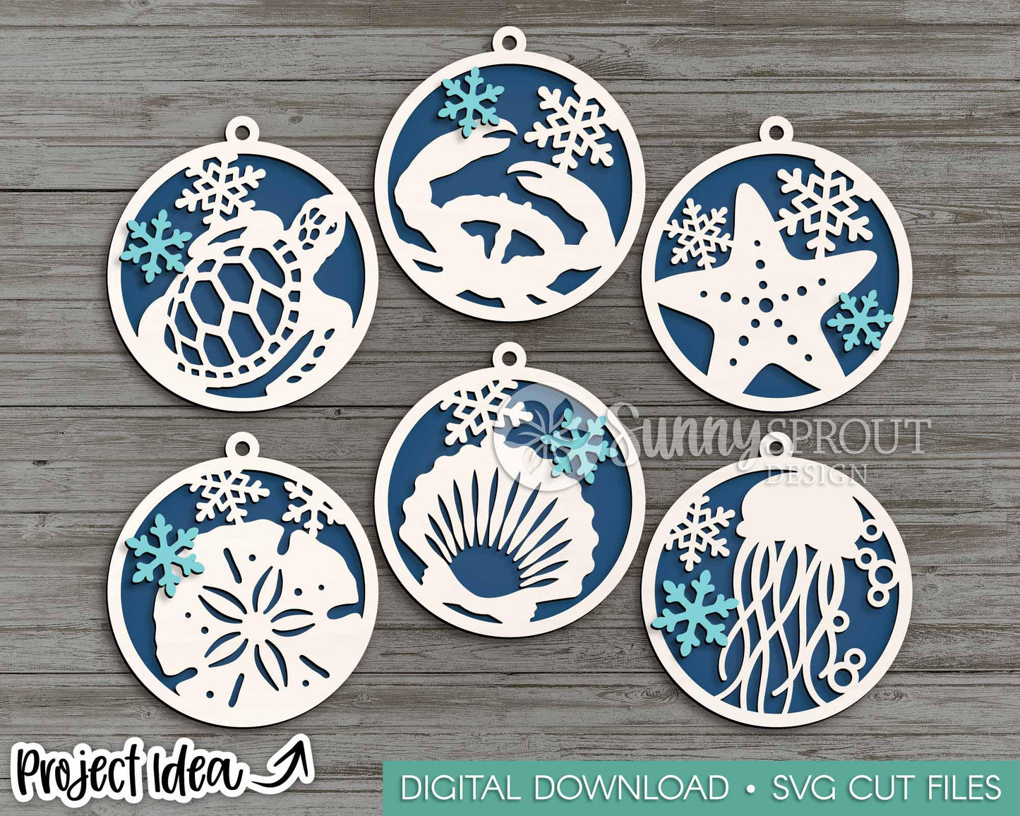 Ocean Snowflake Ornament Bundle, Digital download, SVG laser cut file, Cricut, Christmas beach design