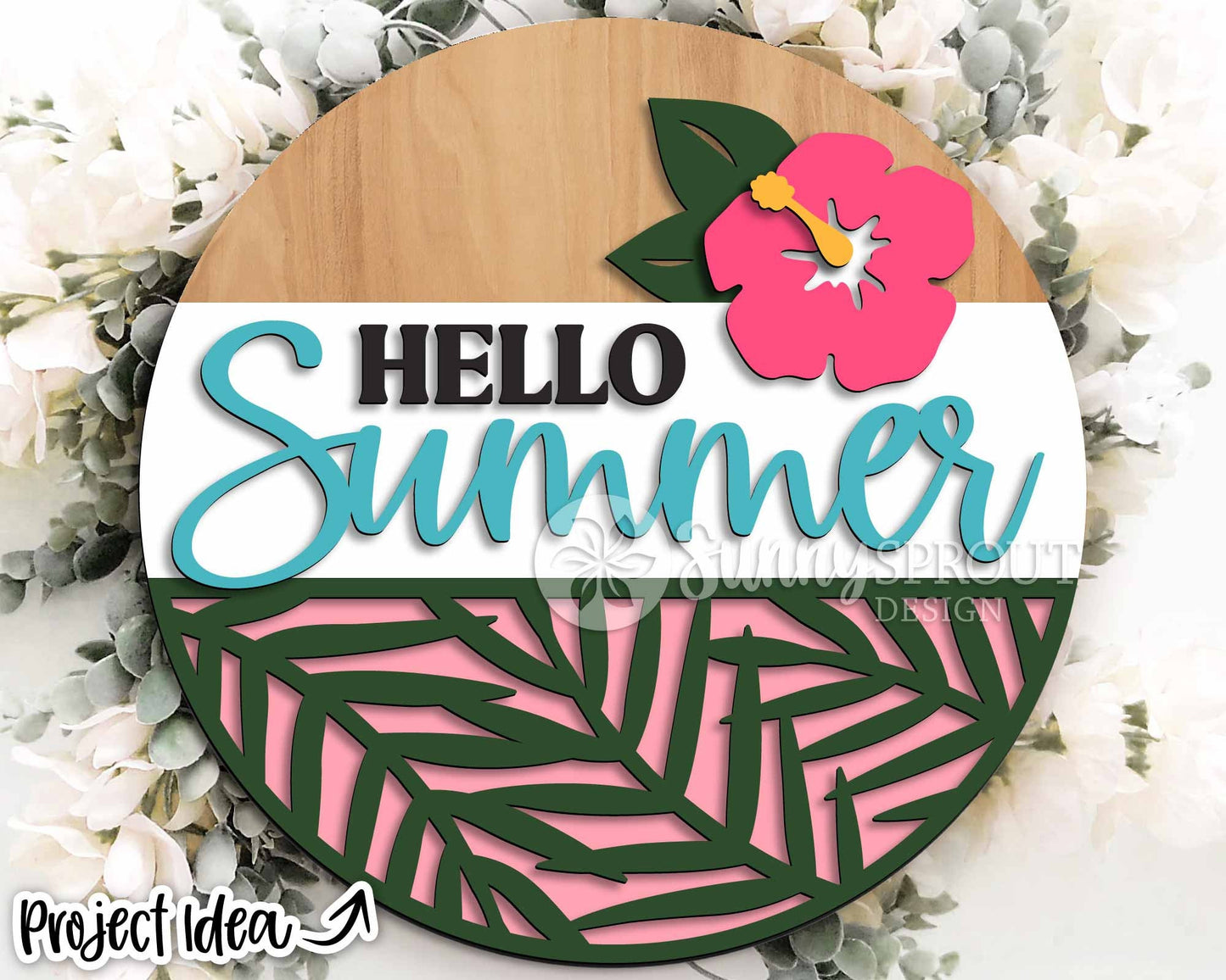 Hello Summer Tropical Flower Sign, Digital Download, SVG Laser Cut File, Cricut, Round Door Hanger Design