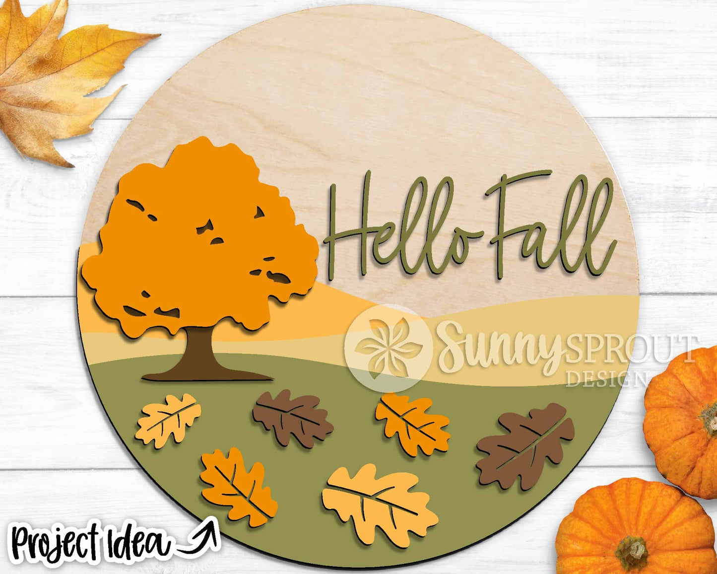 Hello Fall Oak Tree Leaf Sign, Digital Download, SVG Laser Cut File, Cricut, Round Fall Welcome Door Hanger Design