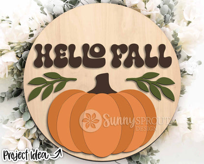 Hello Fall Retro Pumpkin Sign, Digital Download, SVG Laser Cut File, Cricut, Round Autumn Door Hanger Design
