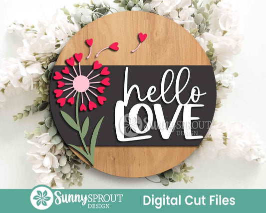 Hello Love Dandelion Hearts Sign, Digital Download, SVG Laser Cut File, Cricut, Round Door Hanger Design, Valentine's Day Decor
