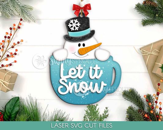 Peeking Snowman Let It Snow Mug Ornament, Digital download, SVG laser cut file, Cricut, Christmas design