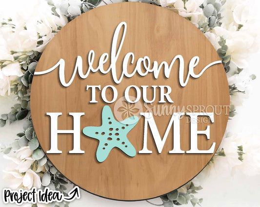 Welcome To Our Home Starfish Sign, Digital download, SVG Laser cut file, Cricut, Round door hanger design, Ocean coastal beach decor