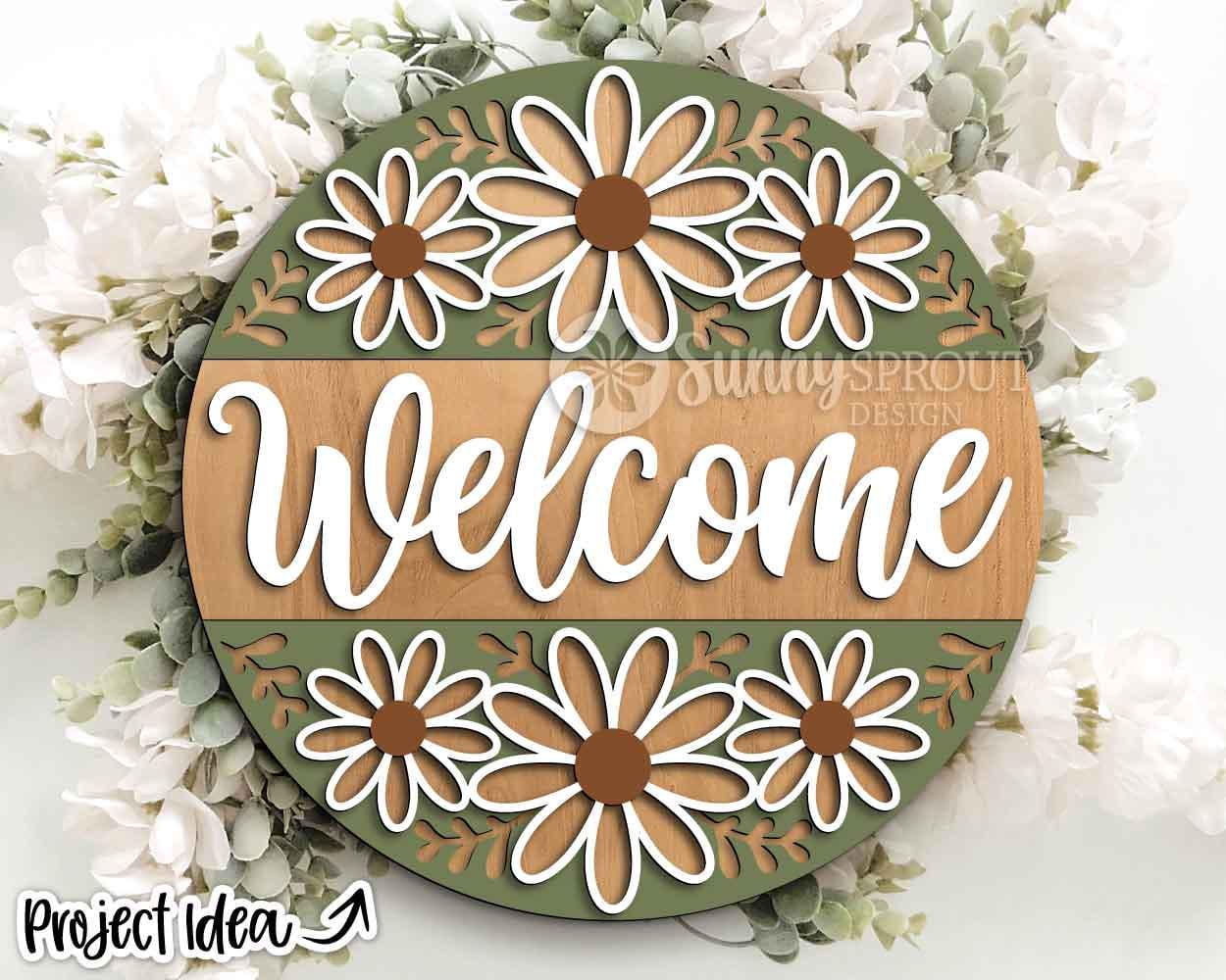 Welcome Flower Pattern Sign, Digital Download, SVG Laser Cut File, Cricut, Spring Summer Round Door Hanger Design