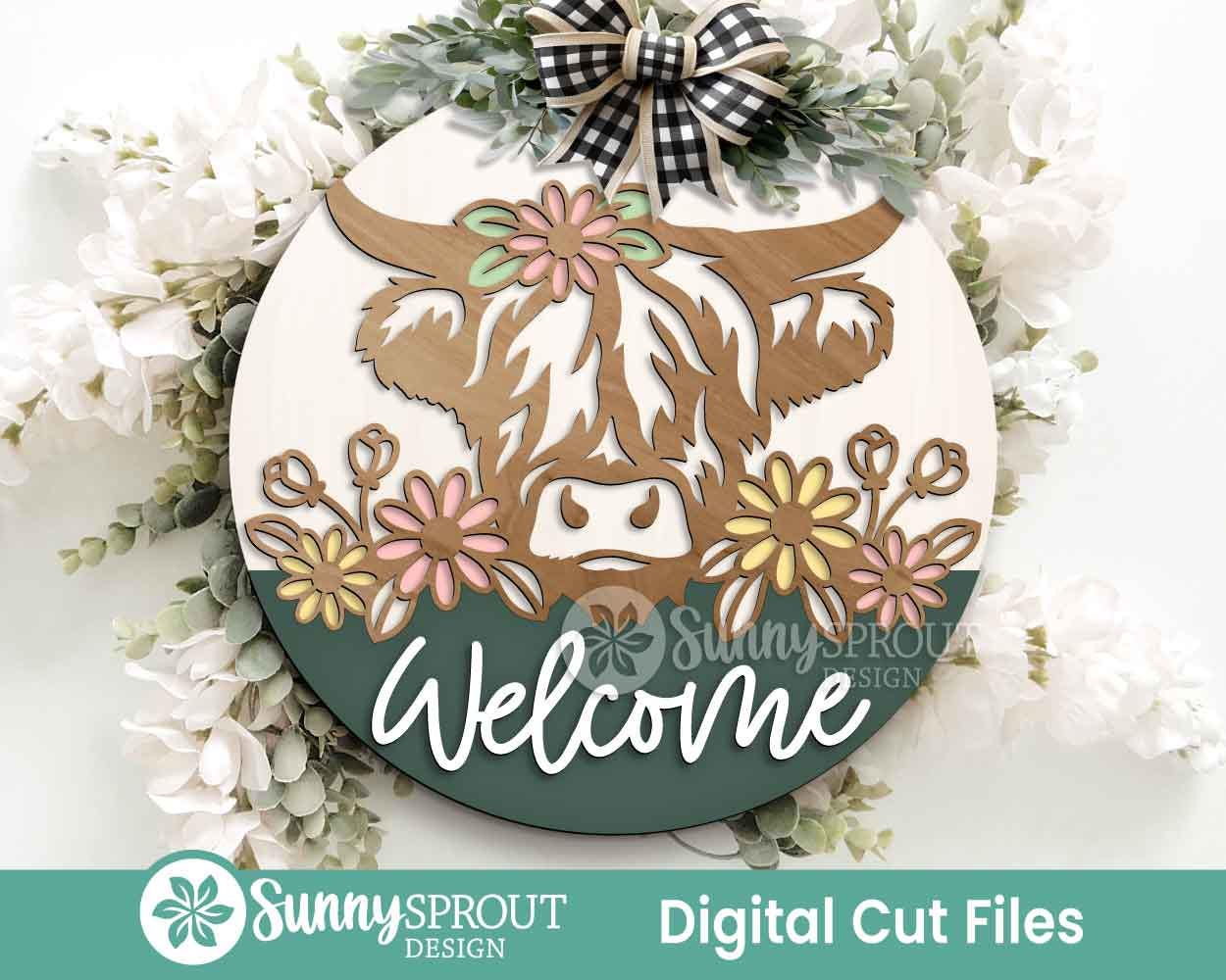 Highland Cow Wildflower Welcome Sign, Digital download, SVG Laser cut file, Cricut, Round door hanger design, Summer farm animal decor
