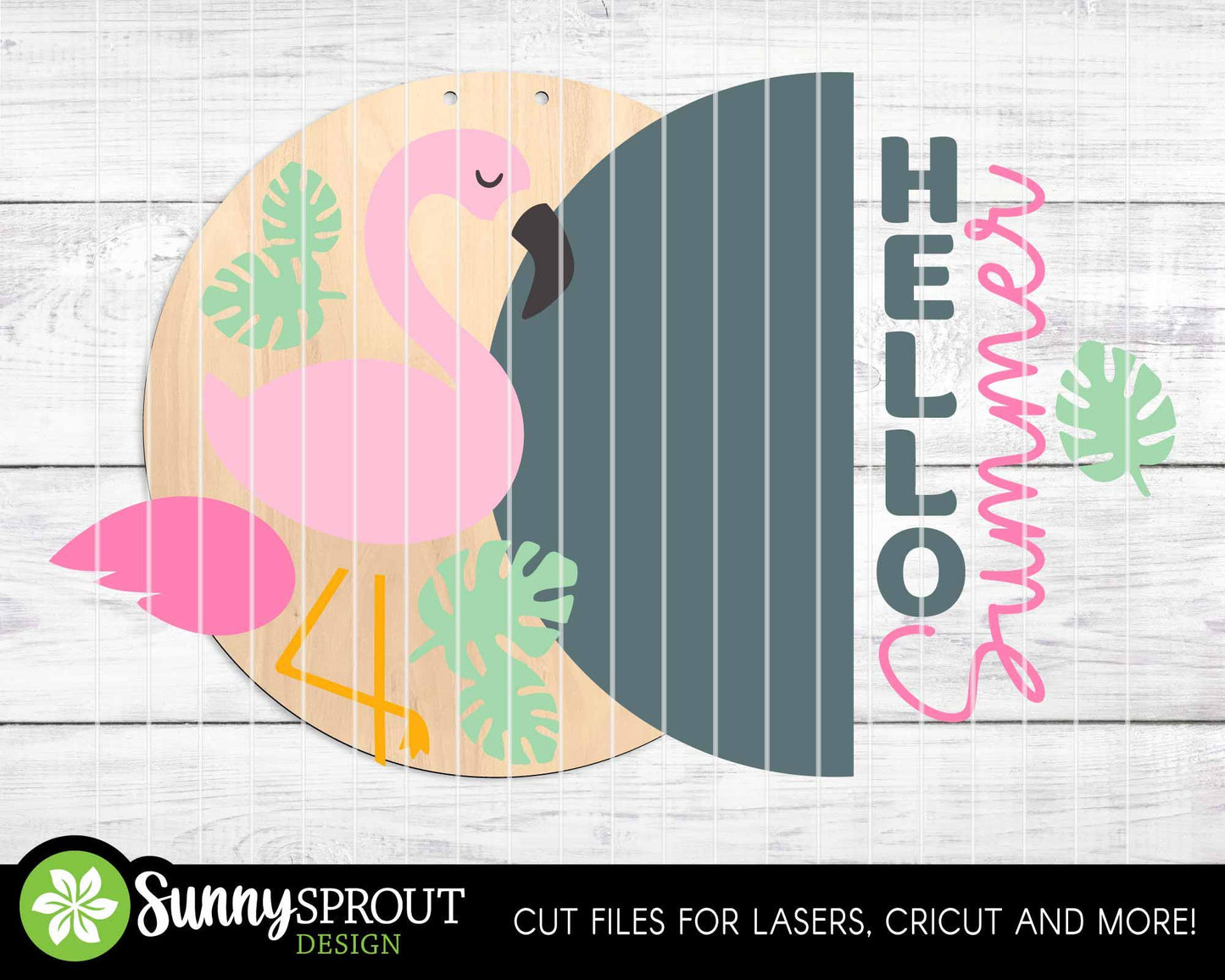 Hello Summer Flamingo Sign, Digital Download, SVG Laser Cut File, Cricut, Tropical Round Door Hanger Design