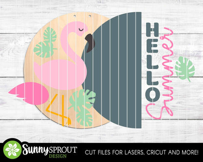 Hello Summer Flamingo Sign, Digital Download, SVG Laser Cut File, Cricut, Tropical Round Door Hanger Design