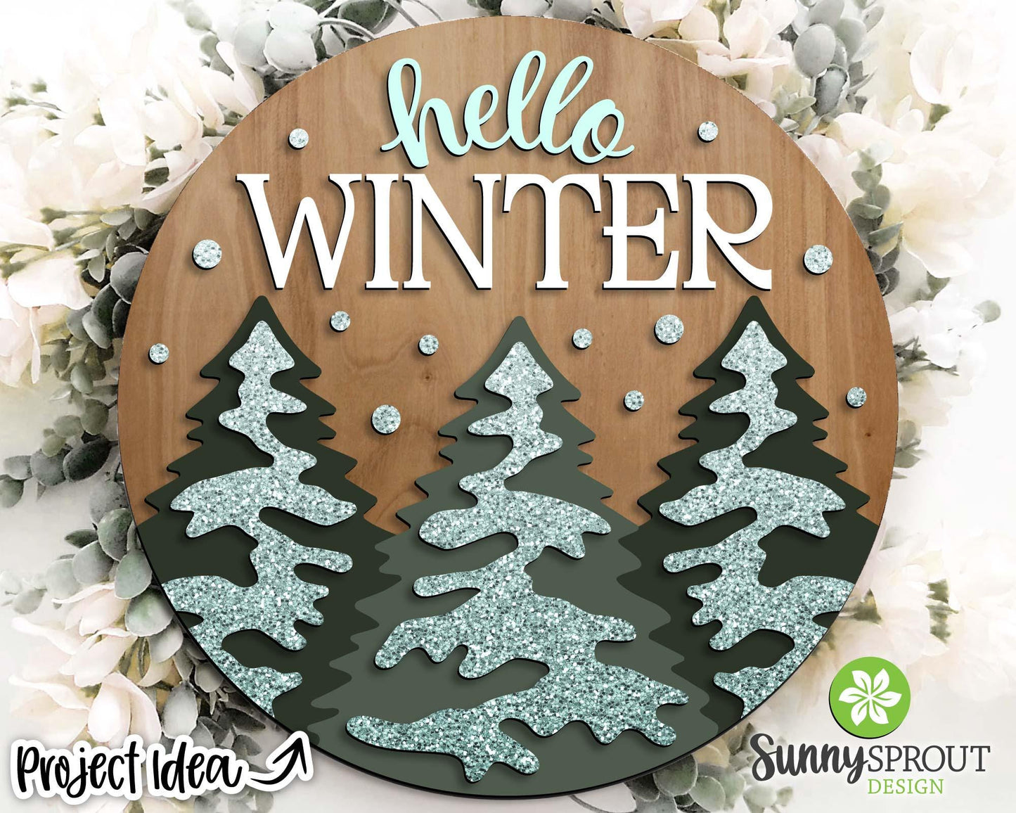 Hello Winter Snowy Pine Trees Sign, Round door hanger svg, Glowforge laser cut file, Cricut, Winter decor, Christmas svg