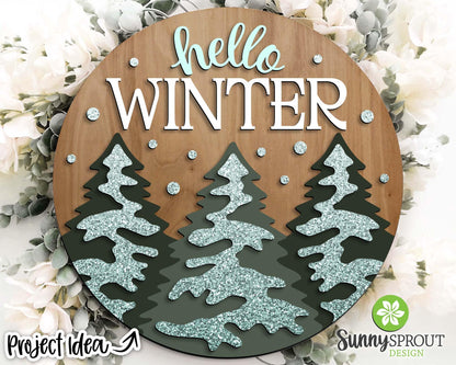 Hello Winter Snowy Pine Trees Sign, Round door hanger svg, Glowforge laser cut file, Cricut, Winter decor, Christmas svg