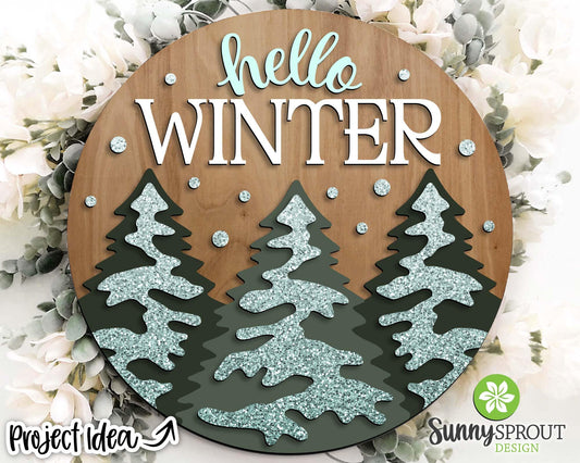 Hello Winter Snowy Pine Trees Sign, Round door hanger svg, Glowforge laser cut file, Cricut, Winter decor, Christmas svg