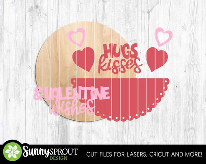 Hugs, Kisses & Valentine Wishes Heart Sign, Digital Download, SVG Laser Cut File, Cricut, Round Door Hanger Design, Valentine's Day Decor