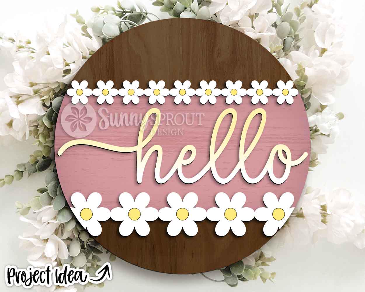 Hello Daisies Sign, Digital Download, SVG Laser Cut File, Cricut, Summer Floral Round Door Hanger Design
