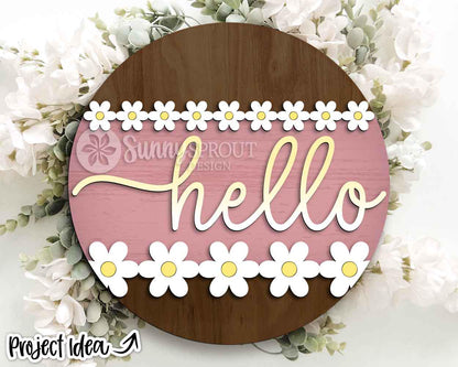 Hello Daisies Sign, Digital Download, SVG Laser Cut File, Cricut, Summer Floral Round Door Hanger Design