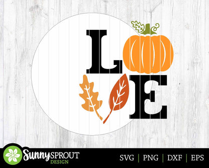 Love Fall Pumpkin Leaves Sign, Digital Download, SVG Laser Cut File, Cricut, Round Autumn Door Hanger Design