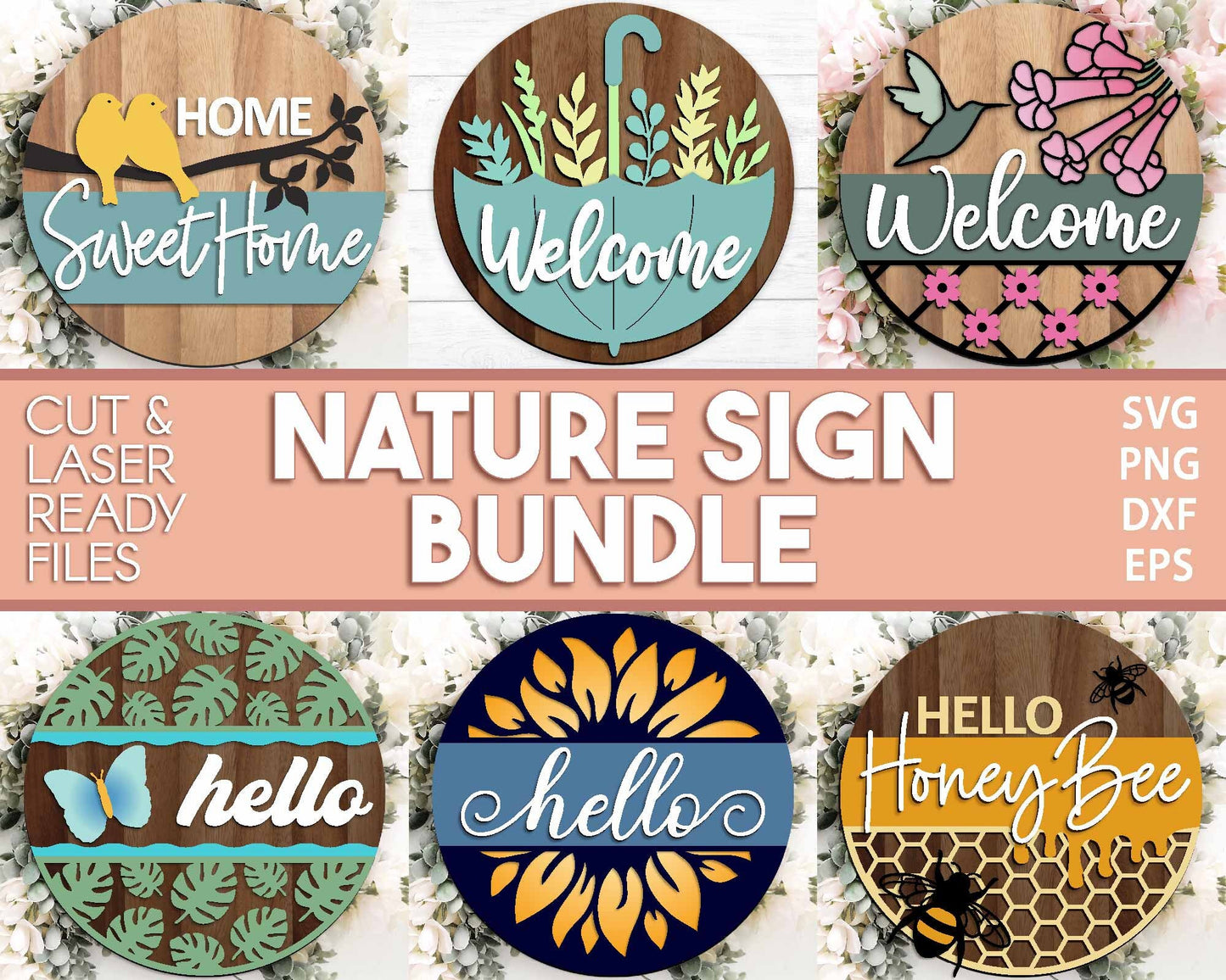 Nature Laser Sign Bundle, Round door hanger svg, Glowforge laser file, Cricut cut file, Front door welcome sign, Summer