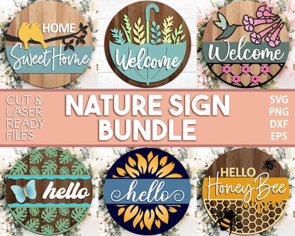 Nature Laser Sign Bundle, Round door hanger svg, Glowforge laser file, Cricut cut file, Front door welcome sign, Summer