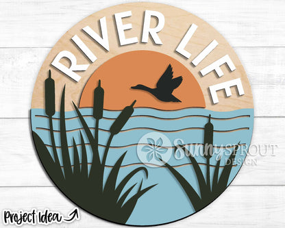 River Life Cattails Sign, Digital download, SVG Laser cut file, Cricut, Round door hanger design, Camping cabin outdoor decor