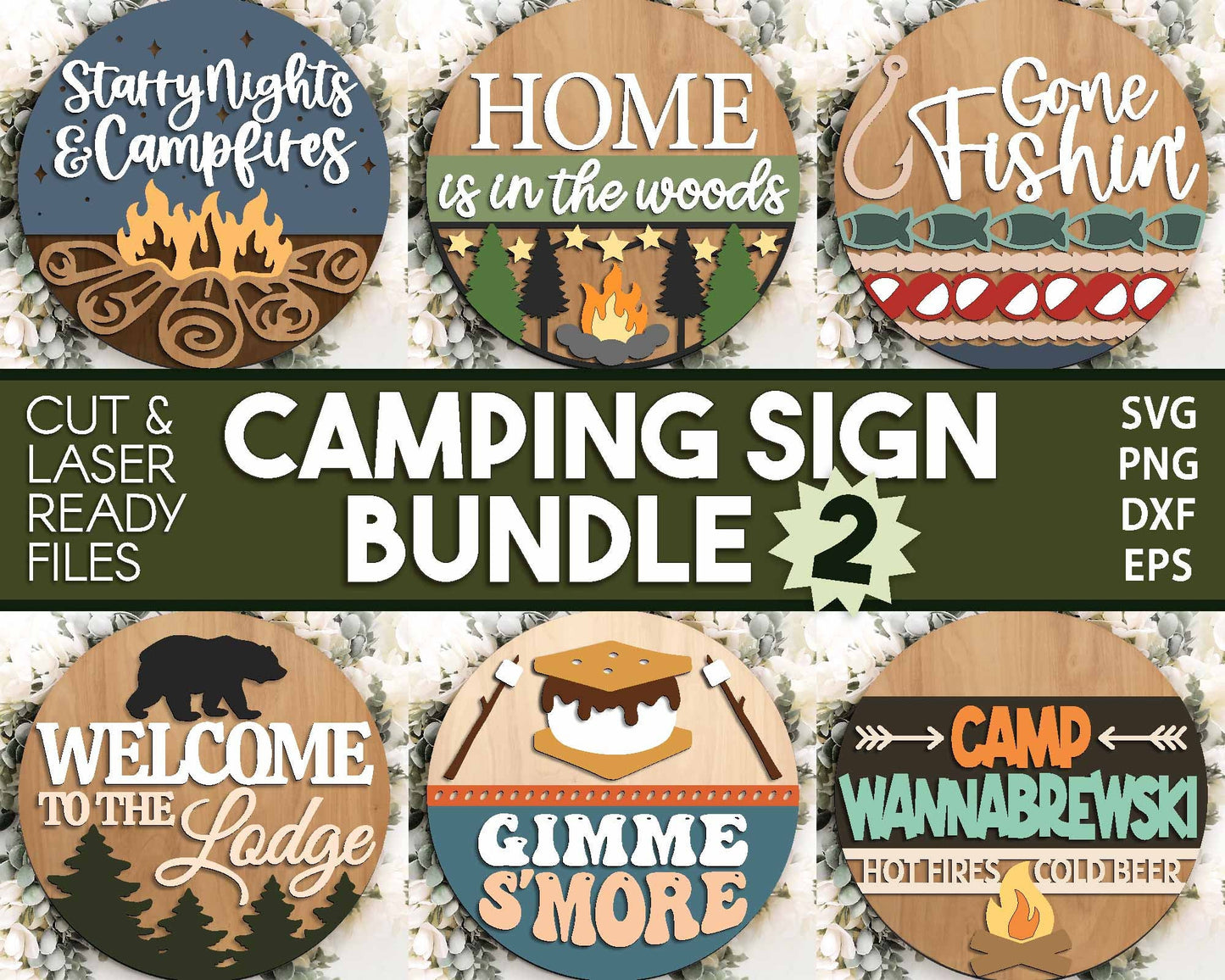 Camping Laser Sign Bundle 2, Round door hanger svg, Glowforge laser file, Cricut, Front door welcome sign, Summer decor