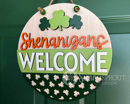 Shenanigans Welcome Sign, Digital Download, SVG Laser Cut File, Cricut, Round Door Hanger Design, St. Patrick's Day Decor