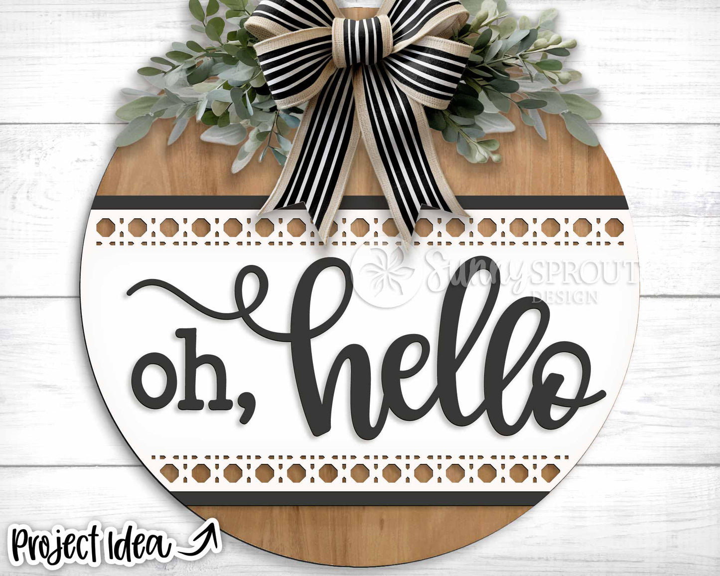 Oh Hello Rattan Pattern Sign, Digital Download, SVG Laser Cut File, Cricut, Modern Farmhouse Round Door Hanger Design