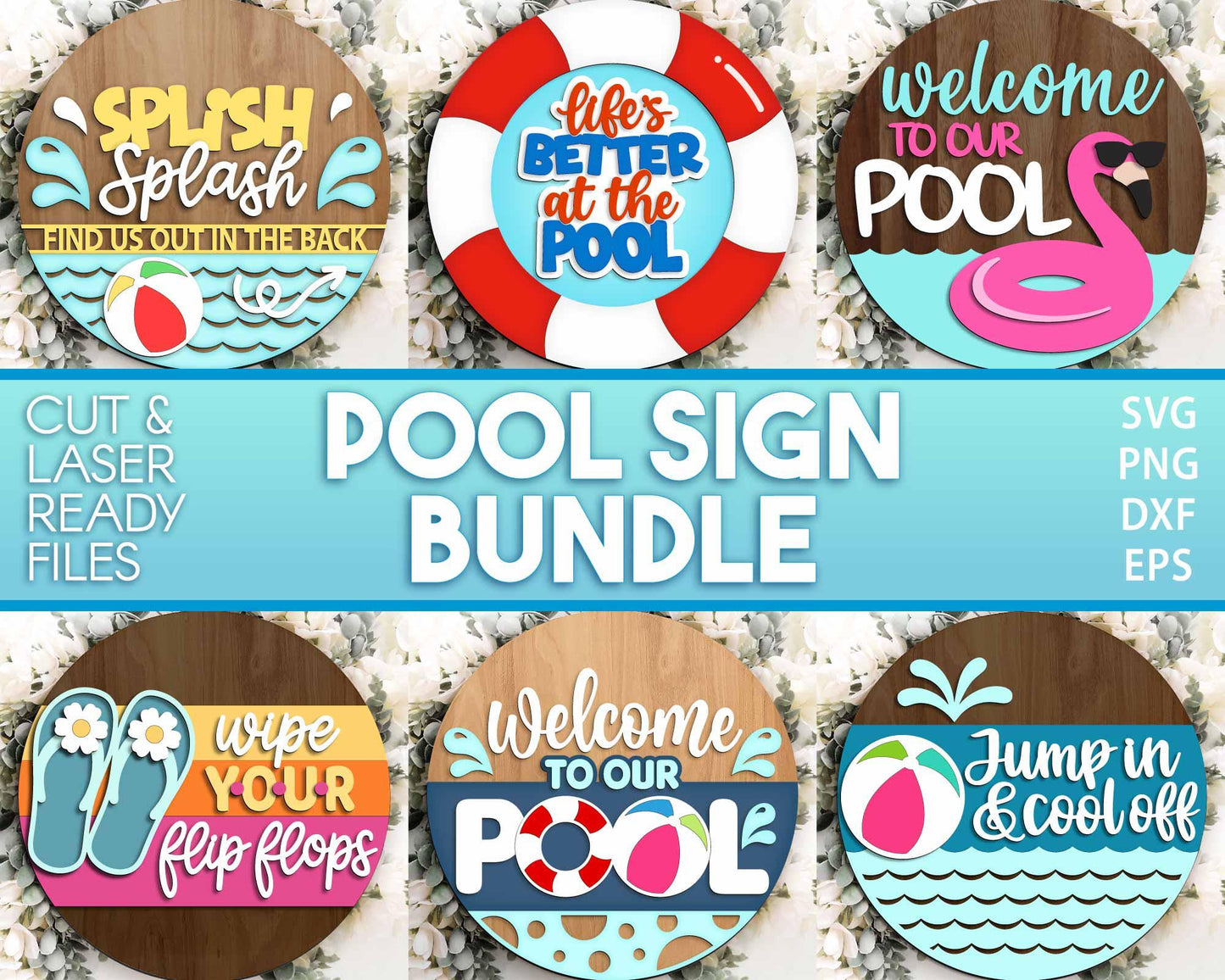 Pool Laser Sign Bundle, Round door hanger svg, Glowforge laser file, Cricut, Welcome sign svg, Summer door hanger svg