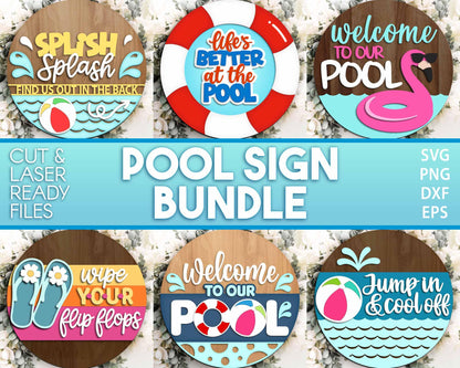 Pool Laser Sign Bundle, Round door hanger svg, Glowforge laser file, Cricut, Welcome sign svg, Summer door hanger svg