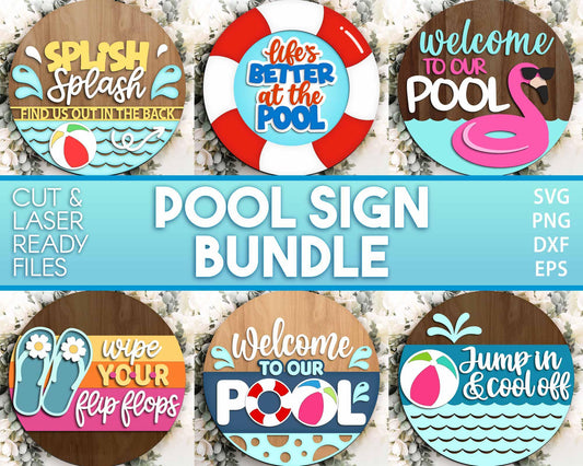 Pool Laser Sign Bundle, Round door hanger svg, Glowforge laser file, Cricut, Welcome sign svg, Summer door hanger svg