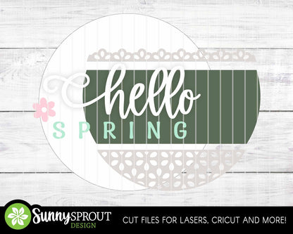 Hello Spring Lace Pattern Flower Sign, Digital download, SVG Laser cut file, Cricut, Round door hanger design