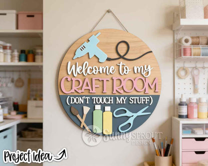 Craft Room Supplies Welcome Sign, Digital Download, SVG Laser Cut File, Cricut, Round Door Hanger Design
