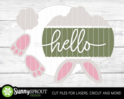Hello Upside Down Bunny Sign, Digital download, SVG Laser cut file, Cricut, Round door hanger design, Spring Easter decor