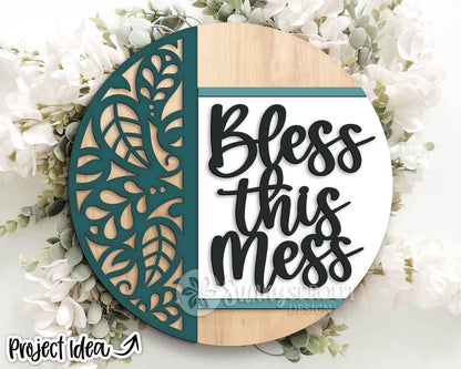 Bless This Mess Paisley Pattern Sign, Digital Download, SVG Laser Cut File, Cricut, Funny Sarcastic Round Door Hanger Design