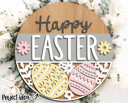 Happy Easter Egg Pattern Sign, Digital download, SVG laser cut file, Cricut, Round door hanger design