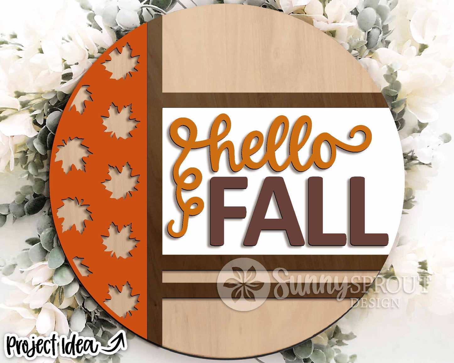 Hello Fall Leaves Sign, Digital Download, SVG Laser Cut File, Cricut, Modern Round Fall Door Hanger Design