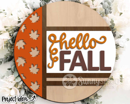 Hello Fall Leaves Sign, Digital Download, SVG Laser Cut File, Cricut, Modern Round Fall Door Hanger Design