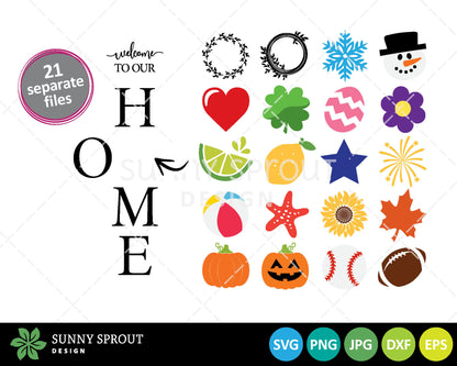 Welcome to Our Home Porch Sign SVG, Digital Download, Cricut Cut File, Vertical Porch Leaner, Interchangeable Seasonal Graphics