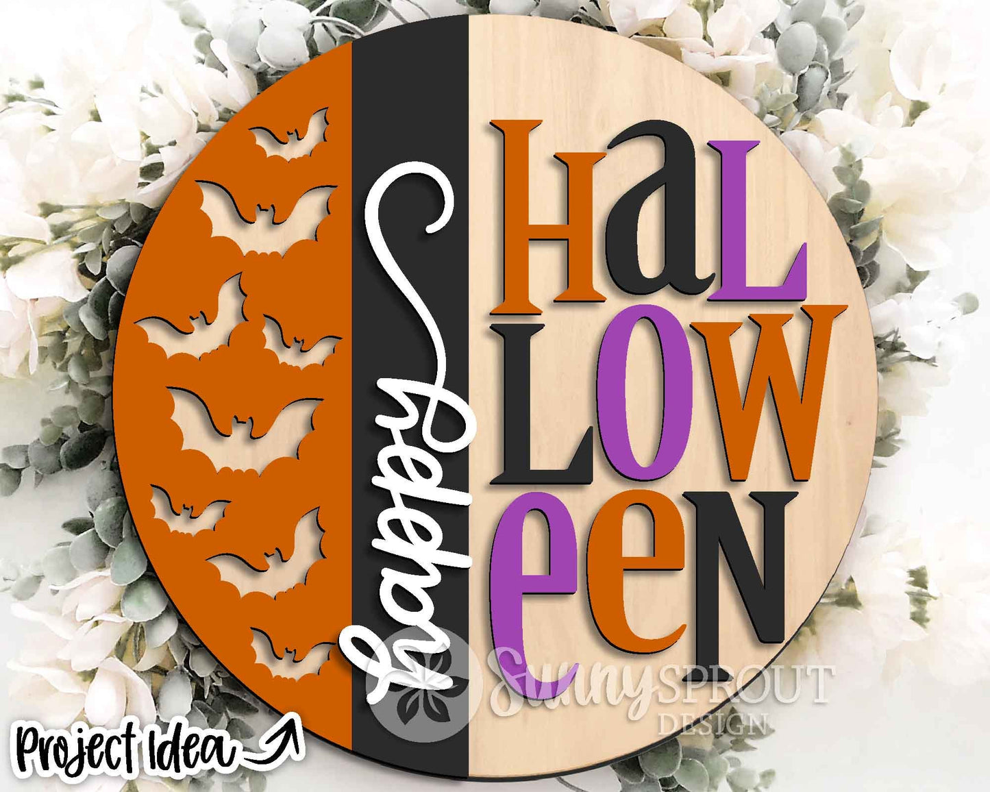 Happy Halloween Vertical Bat Pattern Sign, Digital Download, SVG Laser Cut File, Cricut, Round Fall Door Hanger Design