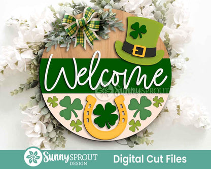 Clover Horseshoe Welcome Sign, Digital Download, SVG Laser Cut File, Cricut, Round Door Hanger Design, St. Patrick's Day Decor