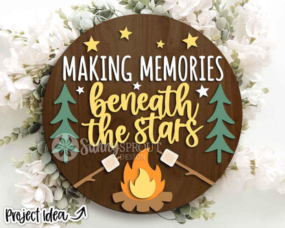 Memories Beneath the Stars Campfire Sign, Digital Download, SVG Laser Cut File, Cricut, Round Door Hanger Design, Camping Cabin Decor