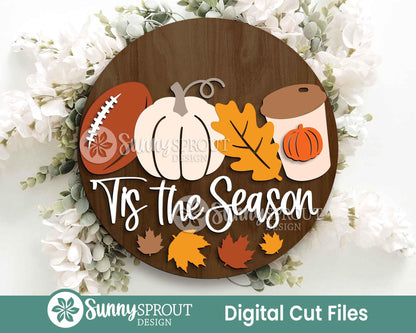 Tis the Season Fall Football Latte Pumpkin Sign, Digital Download, SVG Laser Cut File, Cricut, Round Door Hanger Design