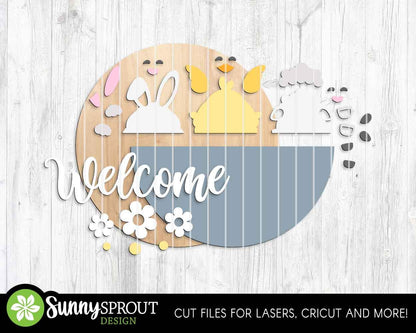 Welcome Bunny Chick & Lamb Sign, Digital download, SVG Laser cut file, Cricut, Round door hanger design, Spring Easter decor