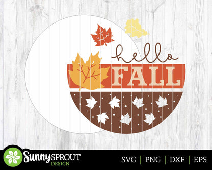 Hello Fall Leaf Sign, Digital Download, SVG Laser Cut File, Cricut, Round Fall Door Hanger Design