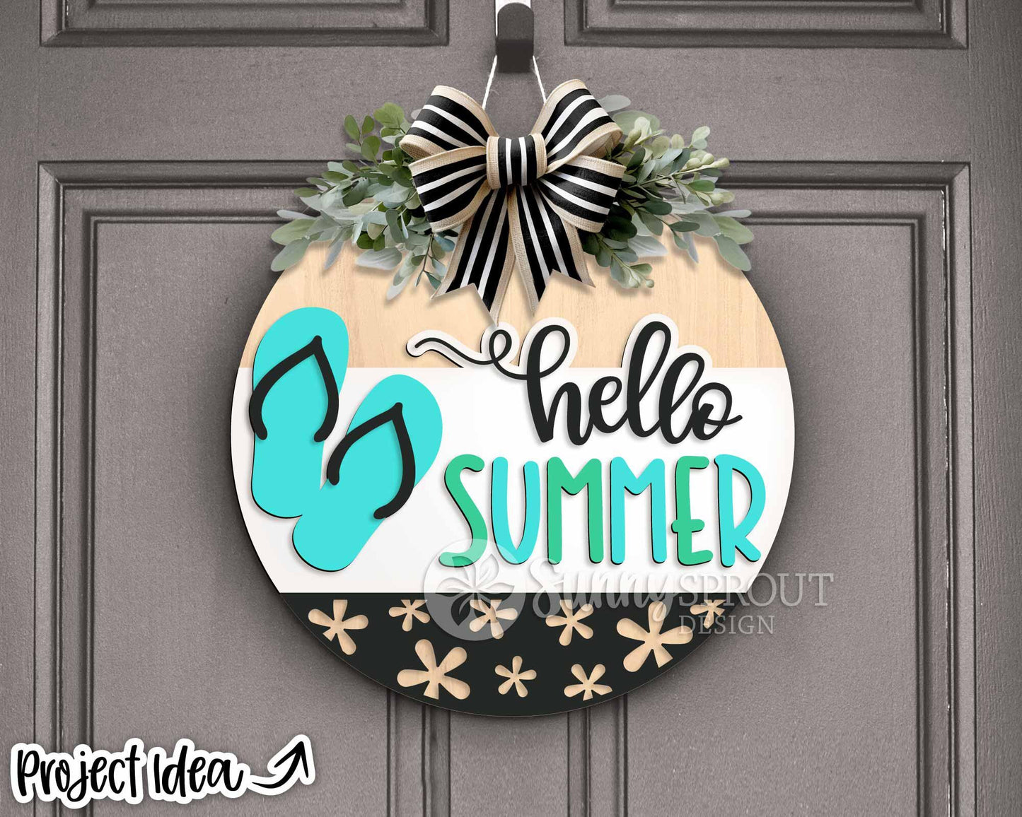 Hello Summer Flip Flop Sign, Digital Download, SVG Laser Cut File, Cricut, Beach Round Door Hanger Design